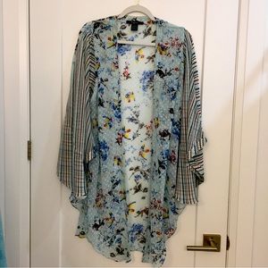 New. Light blue sheer kimono-like cardigan. 3/4 sleeves. One size.